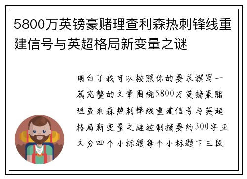 5800万英镑豪赌理查利森热刺锋线重建信号与英超格局新变量之谜 5800万英镑豪赌理查利森热刺锋线重建信号与英超格局新变量之谜